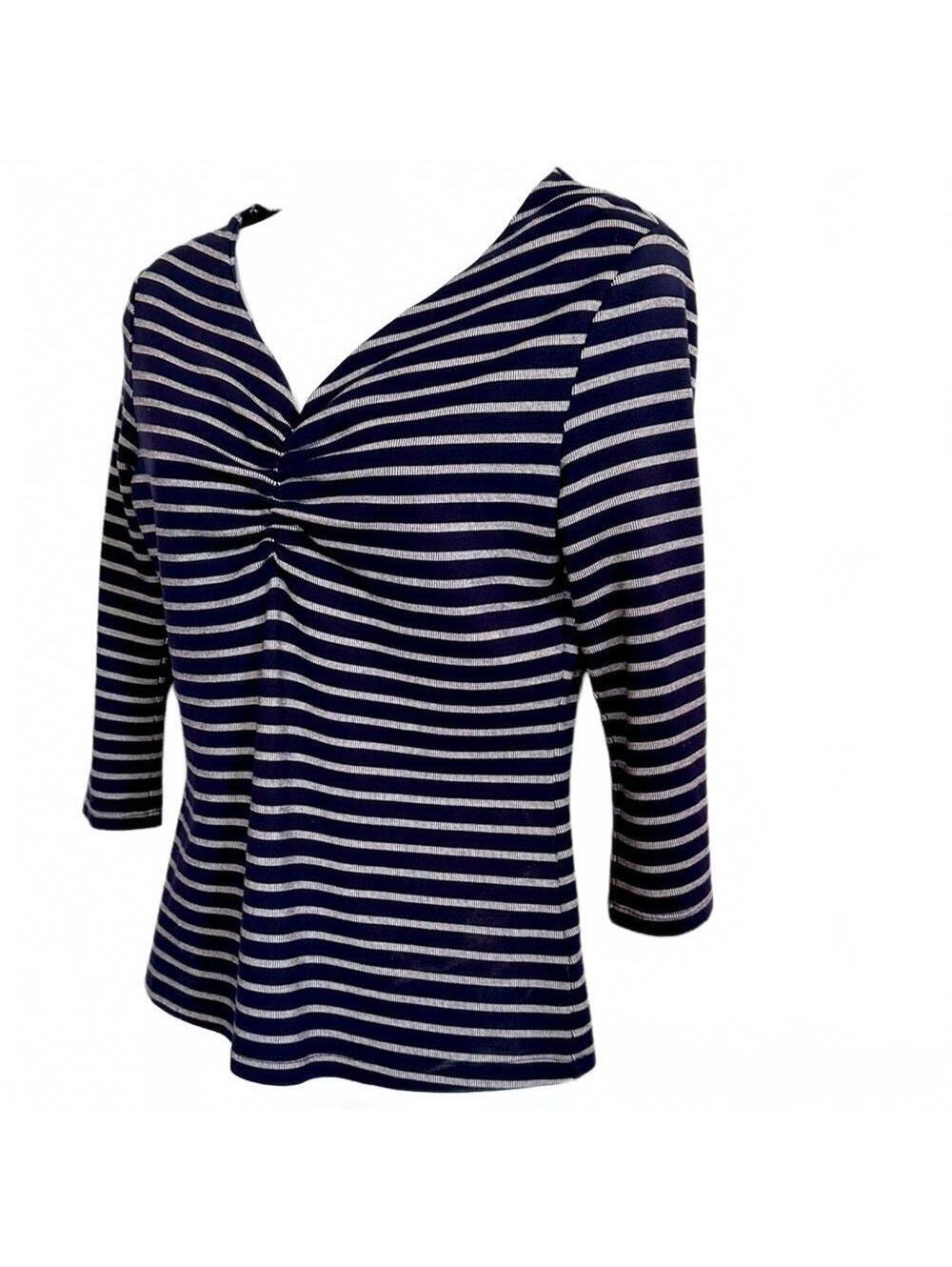 Tahari Women's Blue and White Striped Ruched Bust 3/4 Sleeve Blouse, Small
